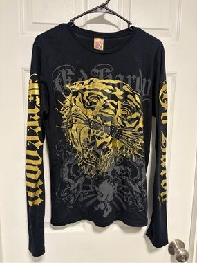 Vintage Ed Hardy Black Long-Sleeve Tee with Gold Tiger Graphic